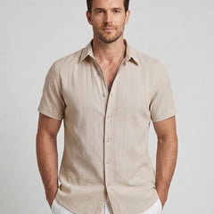Men's Short-Sleeve Shirt Button-Up Collared Casual Smart-Casual Holiday Beach Relaxed Everyday Archer - Beige Front [Lystr 6ad0c085b44a5b5d011625a6:beige:front]