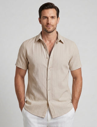 Men's Short-Sleeve Shirt Button-Up Collared Casual Smart-Casual Holiday Beach Relaxed Everyday Archer - Beige Front [Lystr 6ad0c085b44a5b5d011625a6:beige:front]