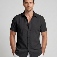 Men's Short-Sleeve Shirt Button-Up Collared Casual Smart-Casual Holiday Beach Relaxed Everyday Archer - Black Front [Lystr 6ad0c085b44a5b5d011625a6:black:front]