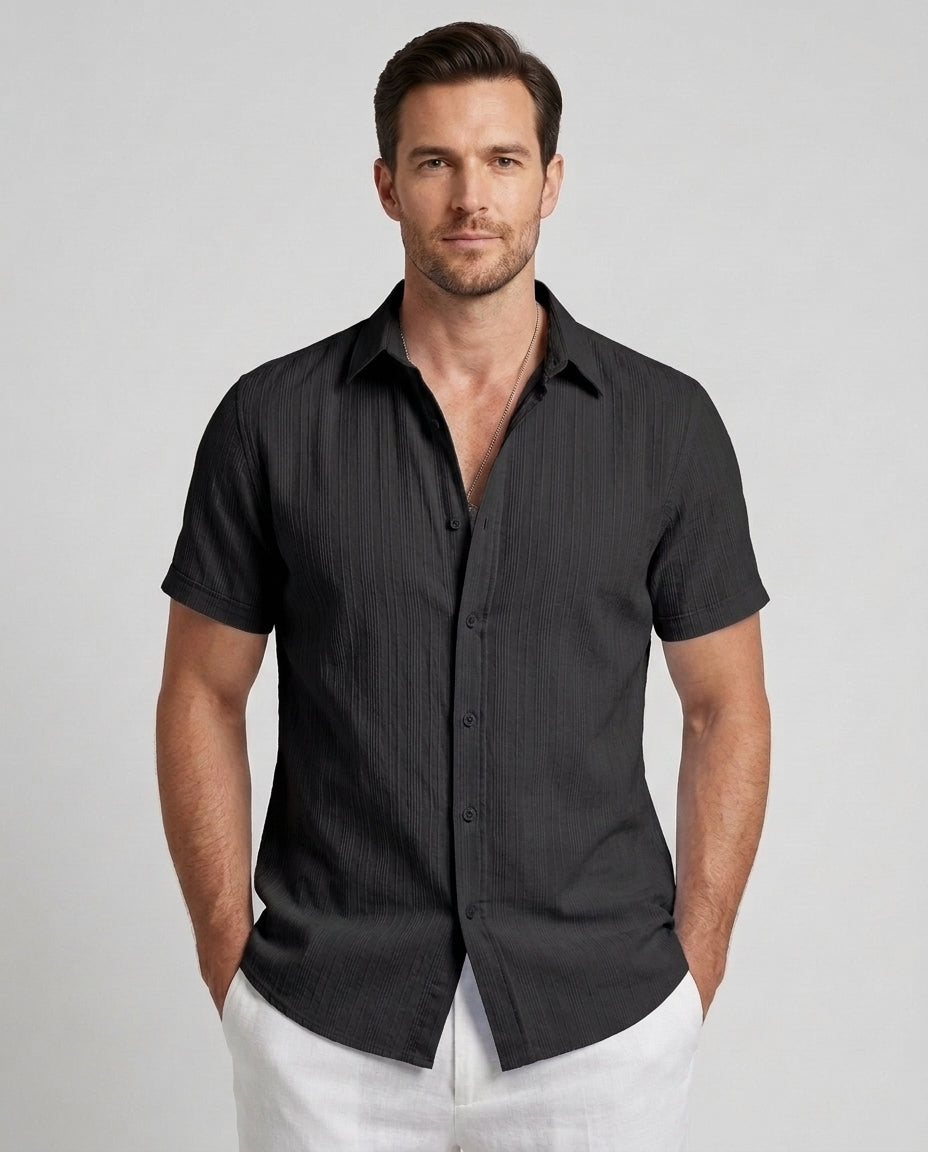 Men's Short-Sleeve Shirt Button-Up Collared Casual Smart-Casual Holiday Beach Relaxed Everyday Archer - Black Front [Lystr 6ad0c085b44a5b5d011625a6:black:front]
