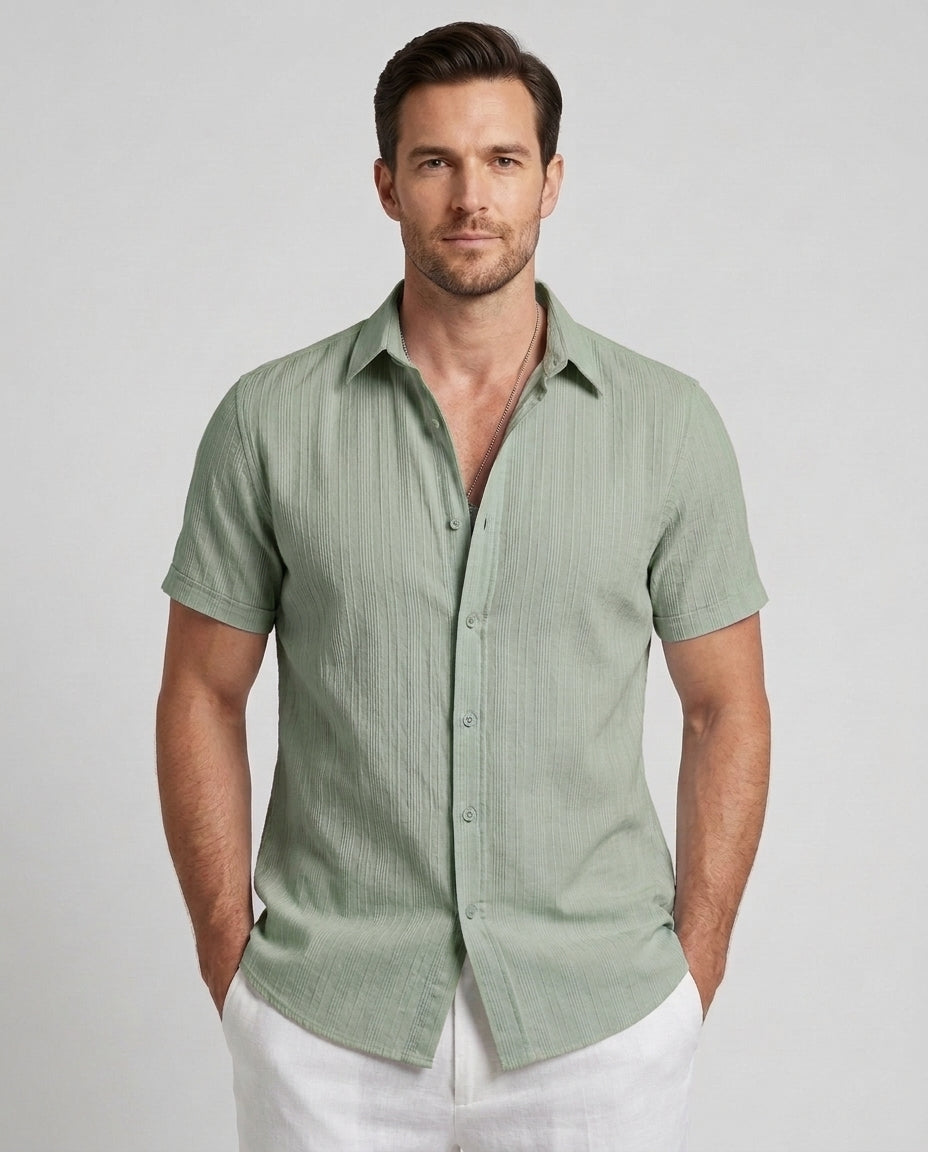 Men's Short-Sleeve Shirt Button-Up Collared Casual Smart-Casual Holiday Beach Relaxed Everyday Archer - Sage Green Front [Lystr 6ad0c085b44a5b5d011625a6:sage green:front]
