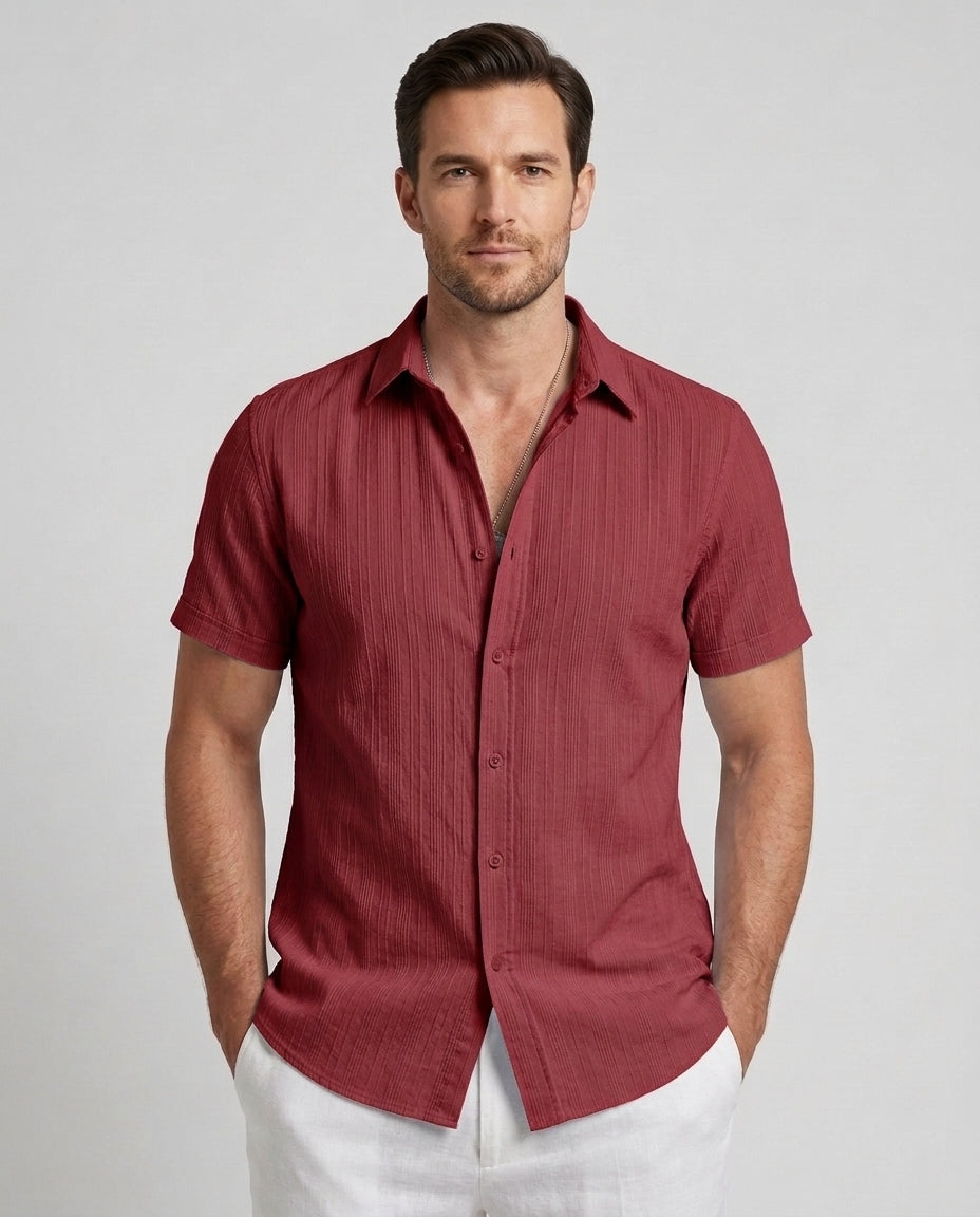 Men's Short-Sleeve Shirt Button-Up Collared Casual Smart-Casual Holiday Beach Relaxed Everyday Archer - Dark Red Front [Lystr 6ad0c085b44a5b5d011625a6:dark red:front]