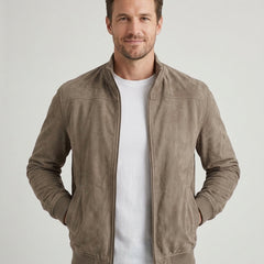 Men's Suede Bomber Jacket Classic Fit Zip-Up Closure Casual Everyday Wear - Front [Lystr 6ad0c3e2b44a5b5d011625b3:front]