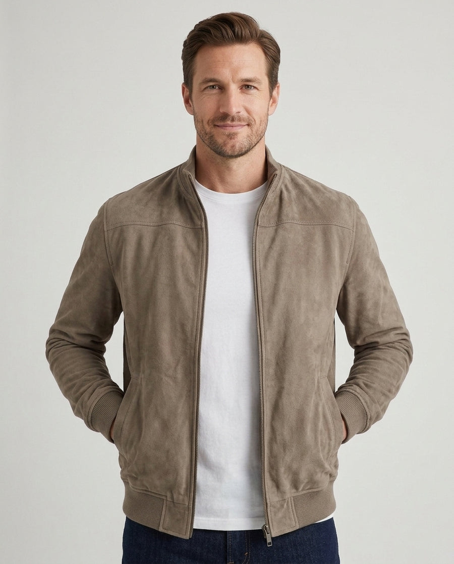 Men's Suede Bomber Jacket Classic Fit Zip-Up Closure Casual Everyday Wear - Front [Lystr 6ad0c3e2b44a5b5d011625b3:front]