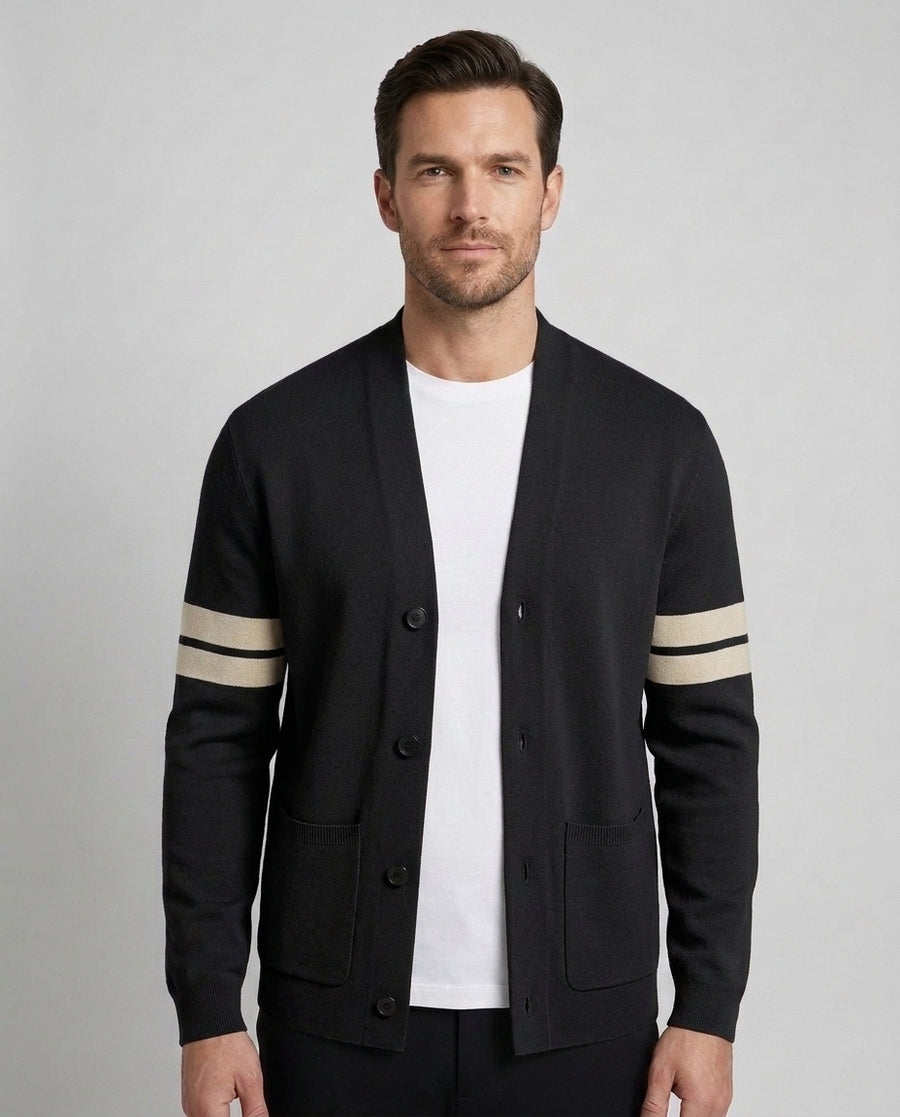Men's Knit Cardigan Relaxed Fit Long Sleeve Open Front Casual Layering - Black Front [Lystr 6ad897b012cc3a36a9cfcd41:black:front]