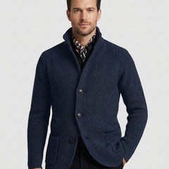 Men's Casual Overcoat Relaxed Fit Long Sleeve Lapel Closure Everyday Style - Navy Blue Front [Lystr 6ad8a45912cc3a36a9cfcd51:navy blue:front]