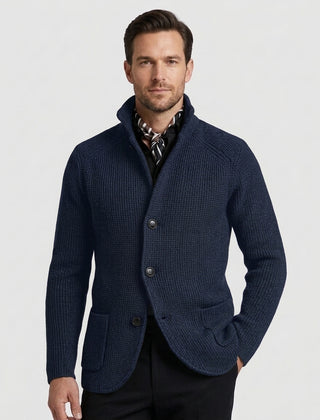 Men's Casual Overcoat Relaxed Fit Long Sleeve Lapel Closure Everyday Style - Navy Blue Front [Lystr 6ad8a45912cc3a36a9cfcd51:navy blue:front]