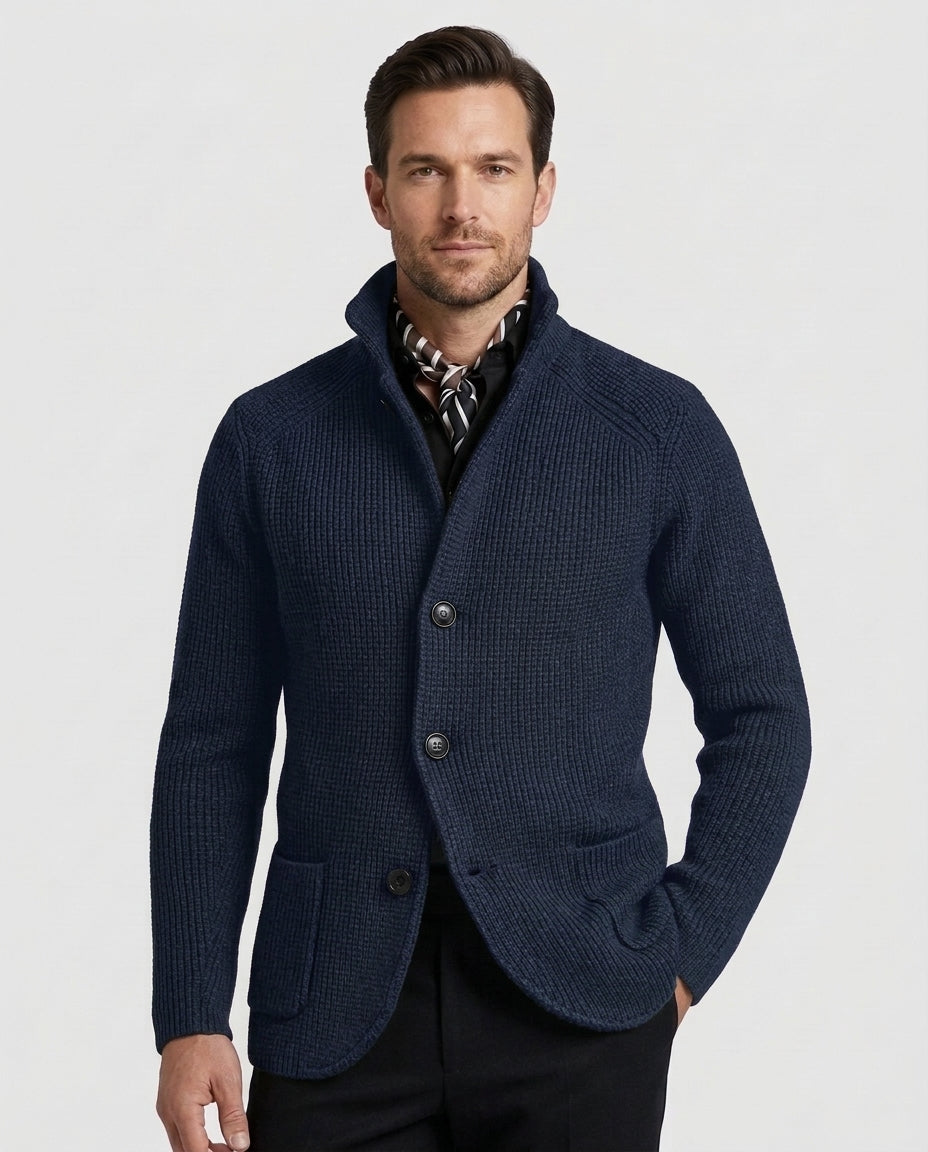 Men's Casual Overcoat Relaxed Fit Long Sleeve Lapel Closure Everyday Style - Navy Blue Front [Lystr 6ad8a45912cc3a36a9cfcd51:navy blue:front]