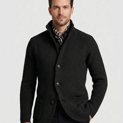 Men's Casual Overcoat Relaxed Fit Long Sleeve Lapel Closure Everyday Style - Black Front [Lystr 6ad8a45912cc3a36a9cfcd51:black:front]