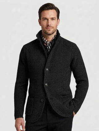 Men's Casual Overcoat Relaxed Fit Long Sleeve Lapel Closure Everyday Style - Black Front [Lystr 6ad8a45912cc3a36a9cfcd51:black:front]