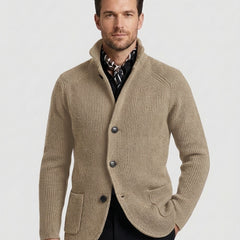 Men's Casual Overcoat Relaxed Fit Long Sleeve Lapel Closure Everyday Style - Beige Front [Lystr 6ad8a45912cc3a36a9cfcd51:beige:front]