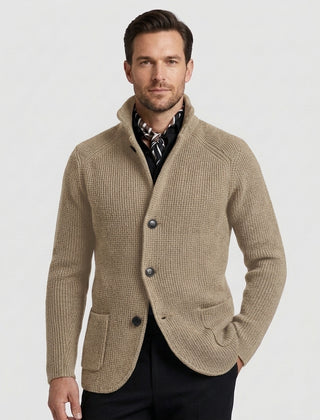 Men's Casual Overcoat Relaxed Fit Long Sleeve Lapel Closure Everyday Style - Beige Front [Lystr 6ad8a45912cc3a36a9cfcd51:beige:front]