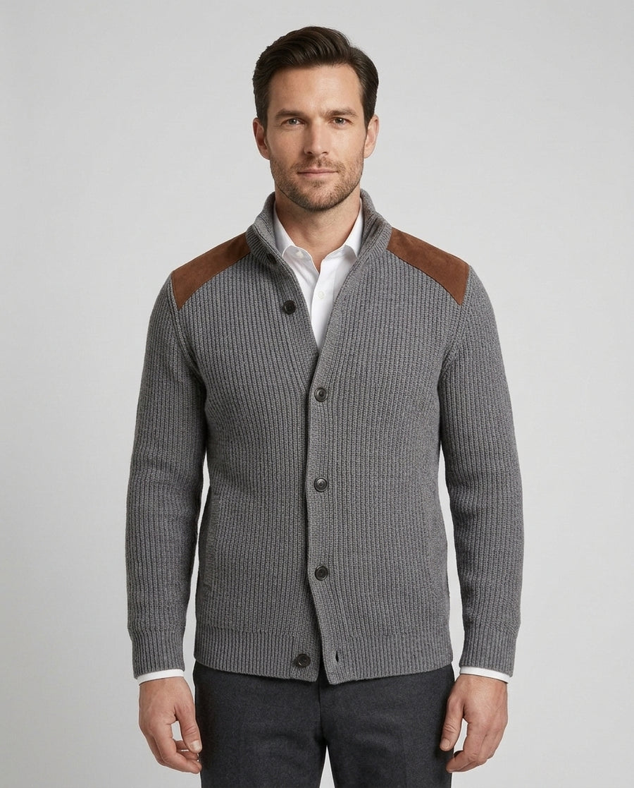 Men's Stylish Cardigan Relaxed Fit Long Sleeve Shoulder Patch Casual Wear - Front [Lystr 6ad8a55c12cc3a36a9cfcd53:front]