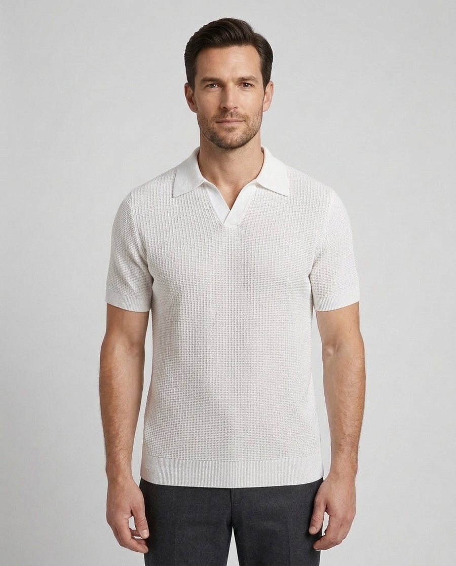 Men's Knit Polo Shirt Relaxed Fit Short-Sleeve Collared Ribbed Casual Smart-Casual Everyday Golf Sport Versatile Brixham - White Front [Lystr 6ad9fae8fc9253bbdc734cd9:white:front]