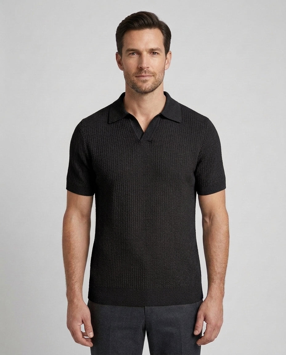 Men's Knit Polo Shirt Relaxed Fit Short-Sleeve Collared Ribbed Casual Smart-Casual Everyday Golf Sport Versatile Brixham - Black Front [Lystr 6ad9fae8fc9253bbdc734cd9:black:front]
