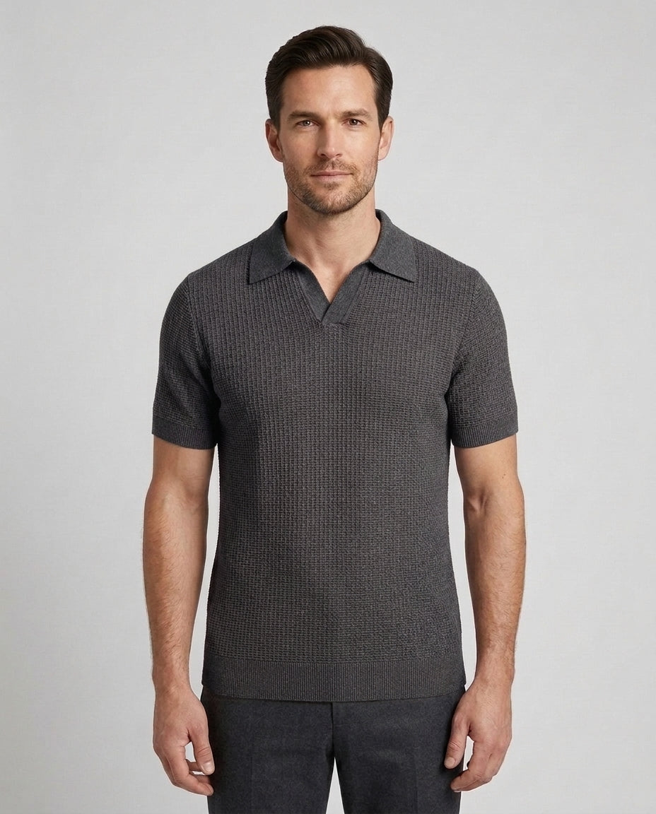 Men's Knit Polo Shirt Relaxed Fit Short-Sleeve Collared Ribbed Casual Smart-Casual Everyday Golf Sport Versatile Brixham - Charcoal Front [Lystr 6ad9fae8fc9253bbdc734cd9:charcoal:front]