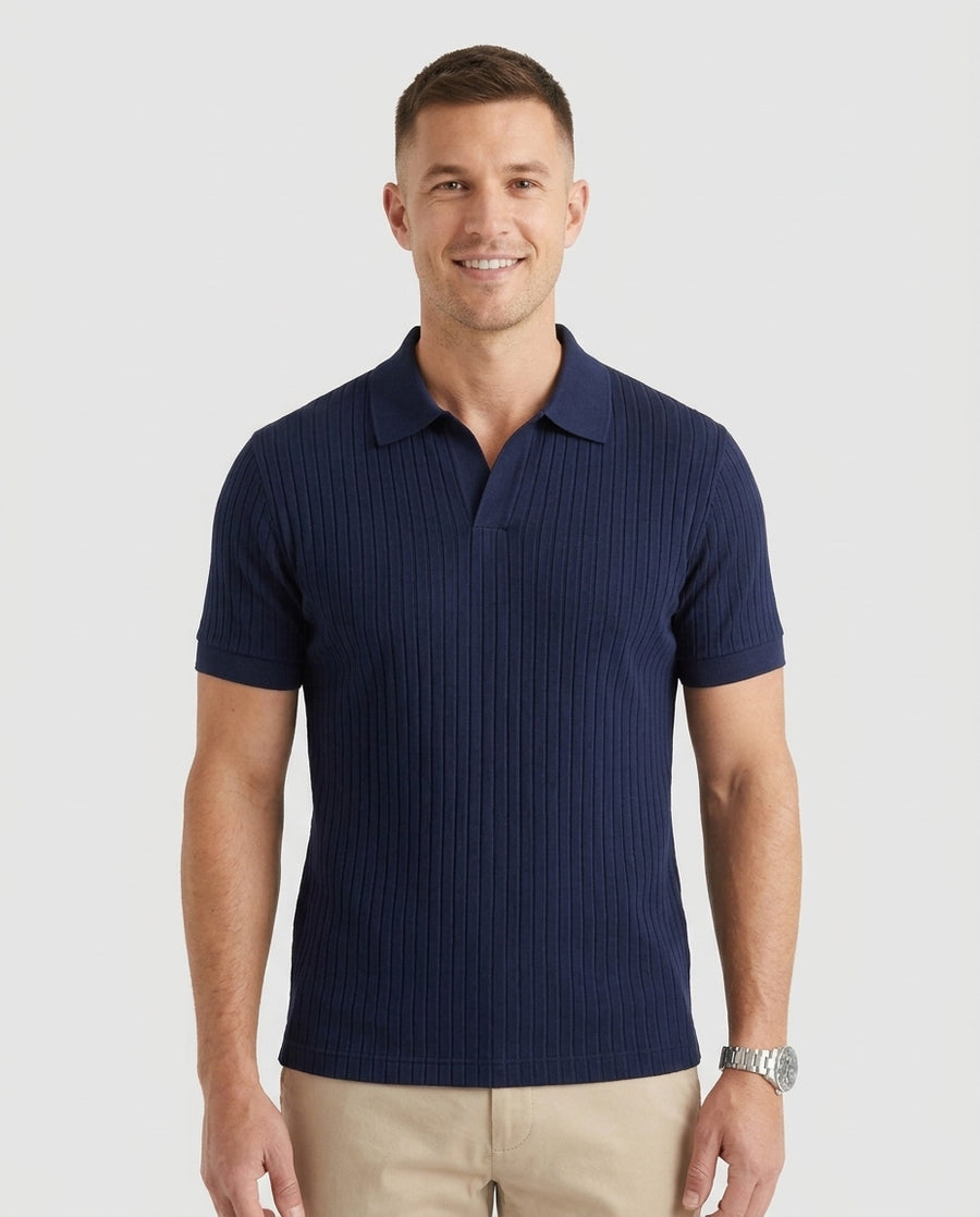 Men's Ribbed Knit Polo Shirt Short-Sleeve Collared Casual Everyday - Front [Lystr 6adf2c3137b70f3d46484ced:front]