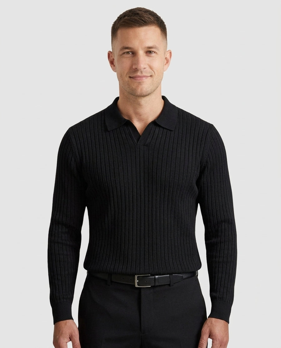 Men's Long Sleeve Knit Polo Shirt Casual Fit Collared Everyday Wear - Front [Lystr 6adf56376960e74b6ead1a52:front]