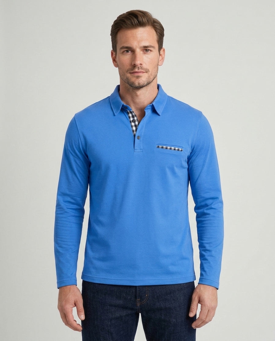 Men's Long Sleeve Polo Shirt Gingham Trim Casual Stylish Everyday Top - Front [Lystr 6adf5a2b6960e74b6ead1a5d:front]