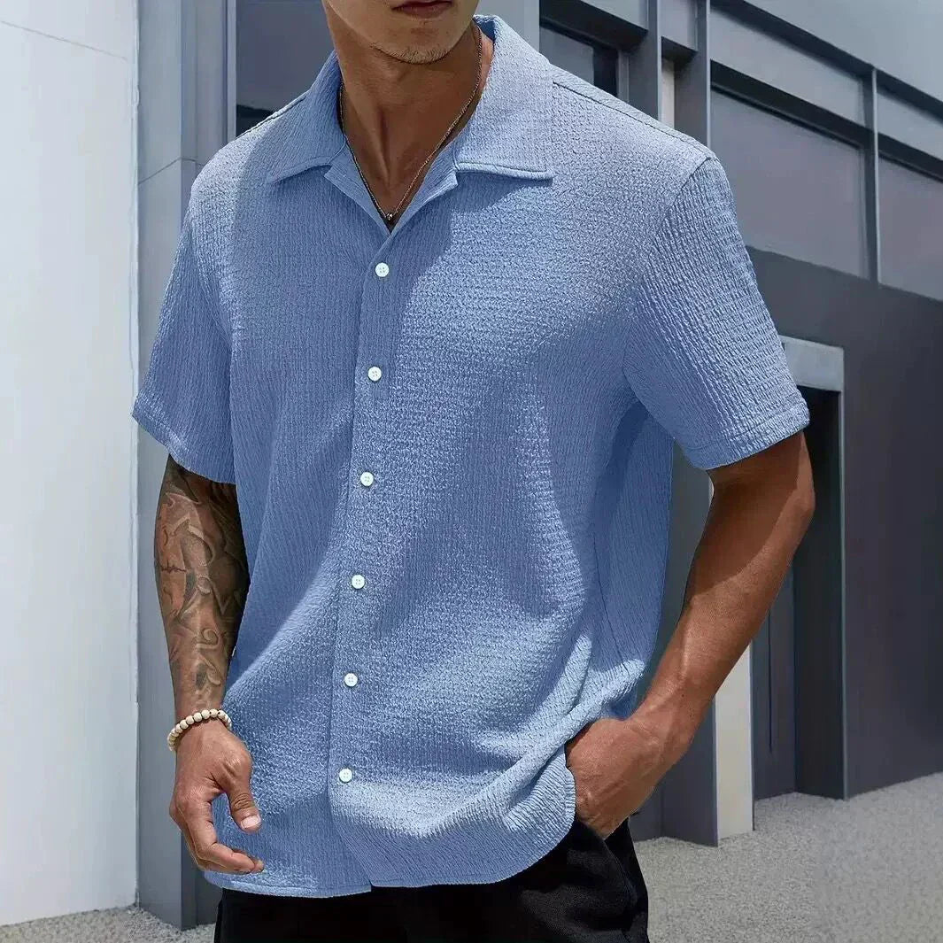 Men's Textured Casual Shirt | Cuban Collar with Front Button Placket