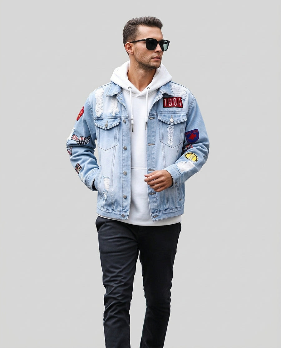 Men’s Denim Jacket with Patches and Distressed Details
