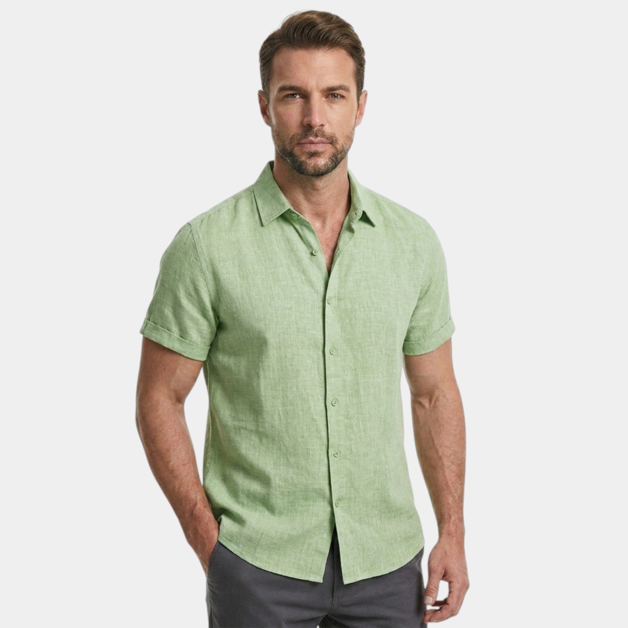 Men's Casual Cotton Linen Short Sleeve Shirt