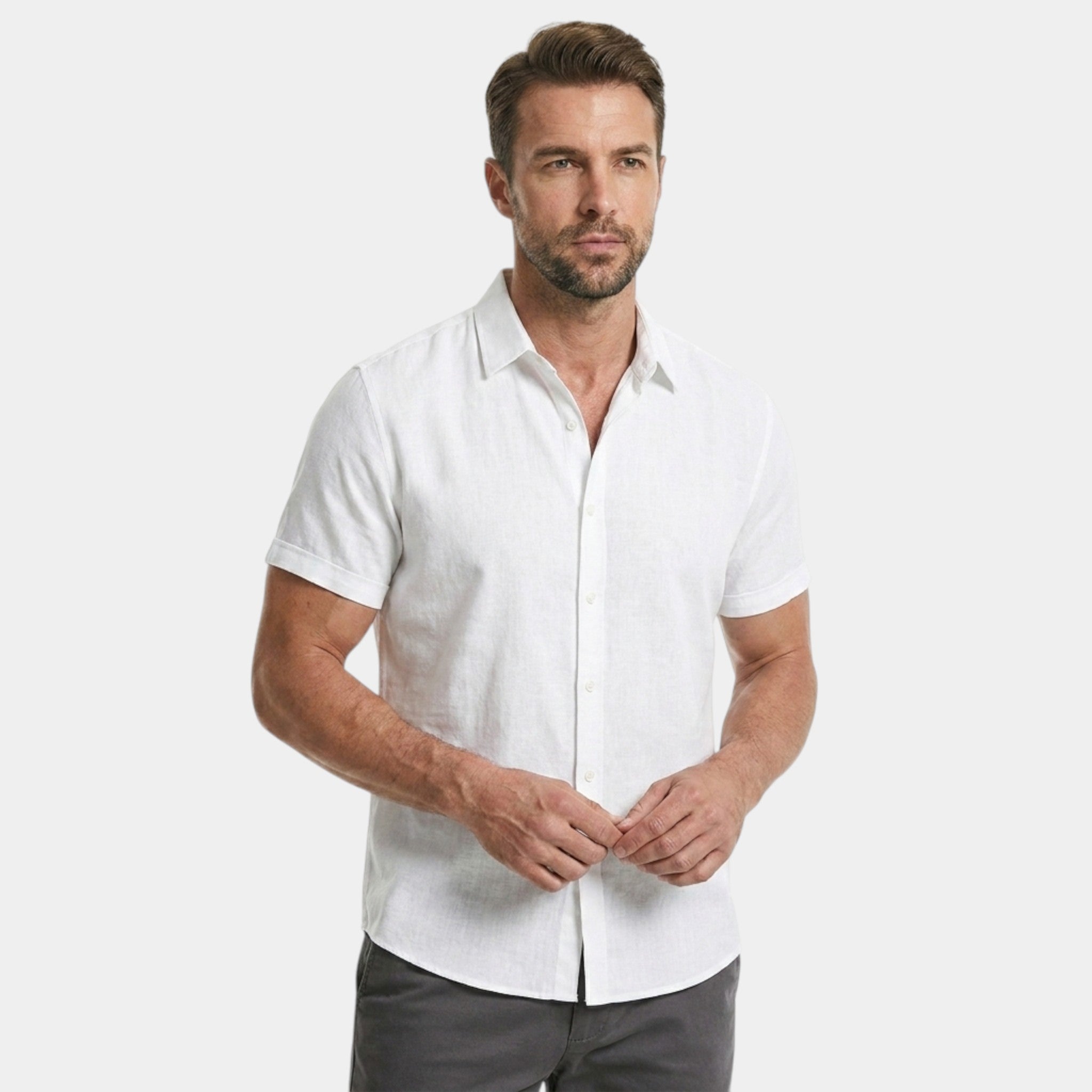 Men's Casual Cotton Linen Short Sleeve Shirt