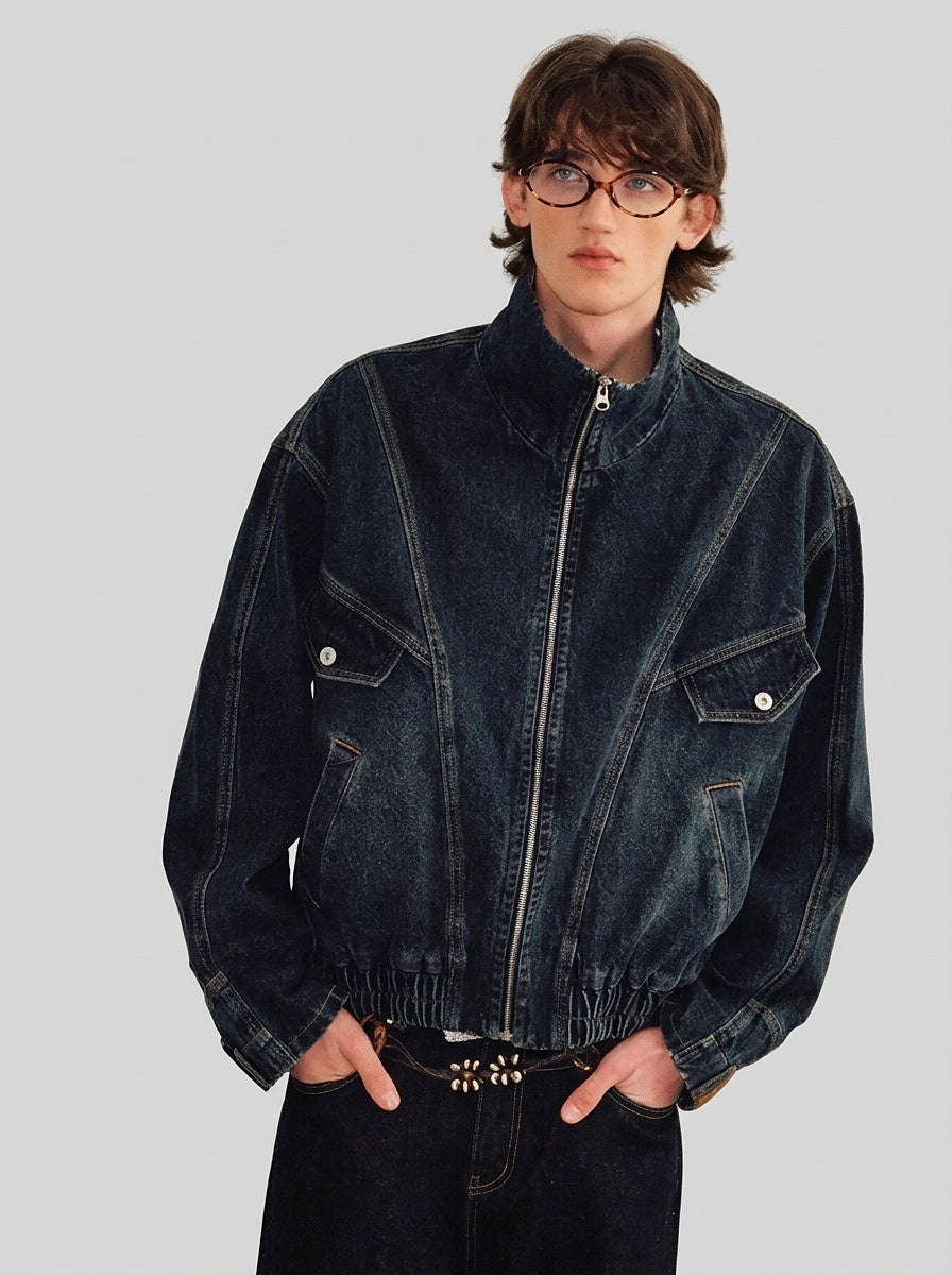 Men’s Denim Jacket with High Collar and Zip Closure