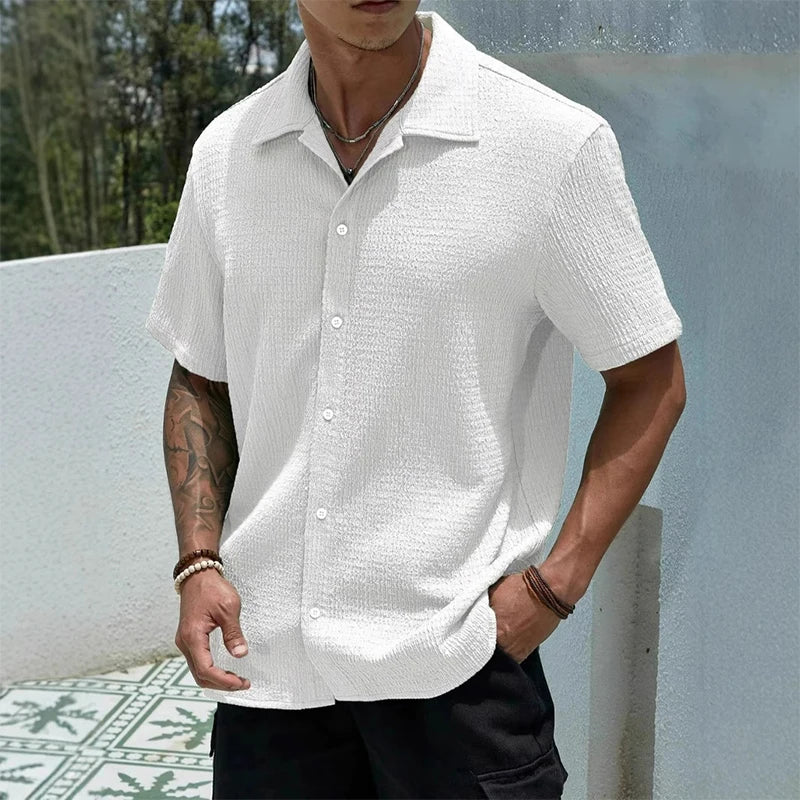 Men's Textured Casual Shirt | Cuban Collar with Front Button Placket