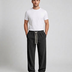 Men's Relaxed Fit Wide Leg Corduroy Trousers Drawstring Casual Everyday - Black Front [Lystr 6ac89b44d4fa2807a3a0f9a3:black:front]