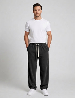 Men's Relaxed Fit Wide Leg Corduroy Trousers Drawstring Casual Everyday - Black Front [Lystr 6ac89b44d4fa2807a3a0f9a3:black:front]