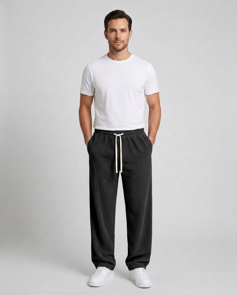 Men's Relaxed Fit Wide Leg Corduroy Trousers Drawstring Casual Everyday - Black Front [Lystr 6ac89b44d4fa2807a3a0f9a3:black:front]