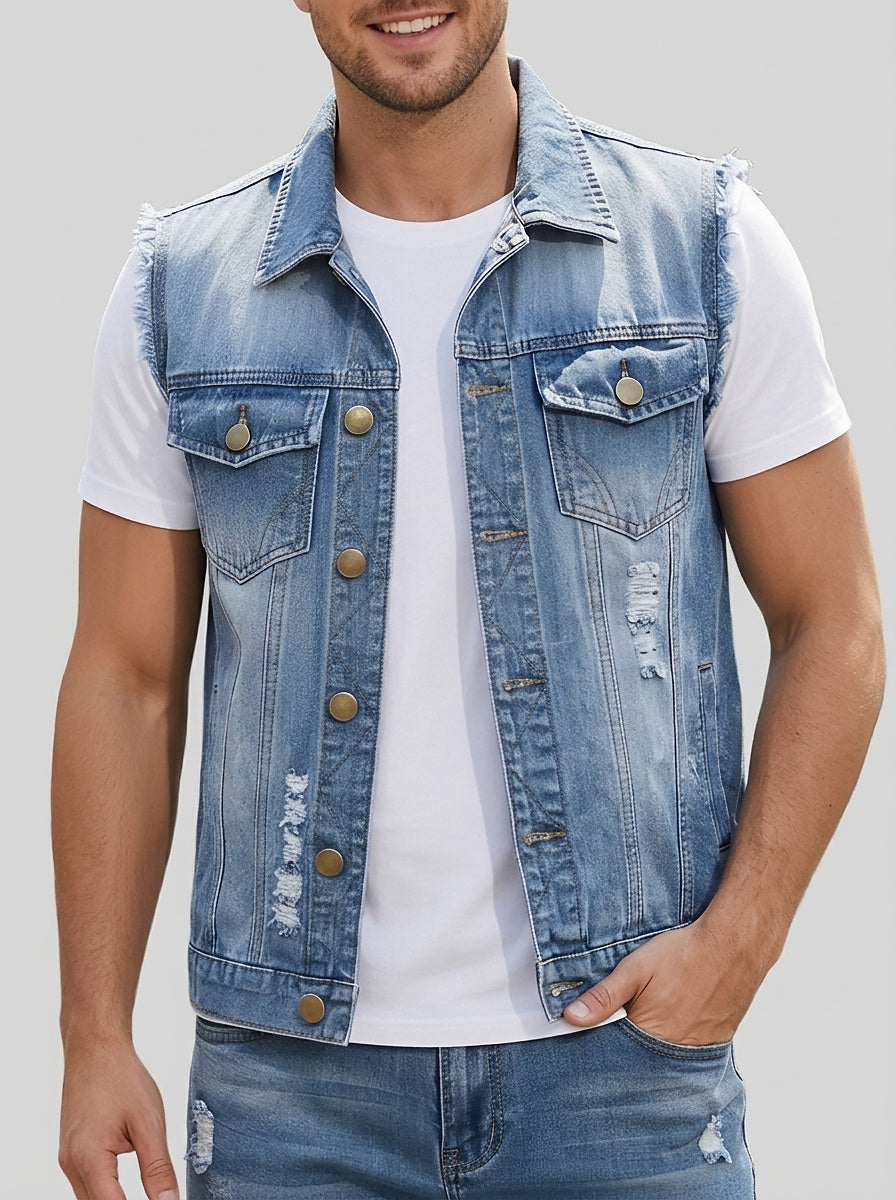 Men’s Distressed Denim Vest with Frayed Armholes