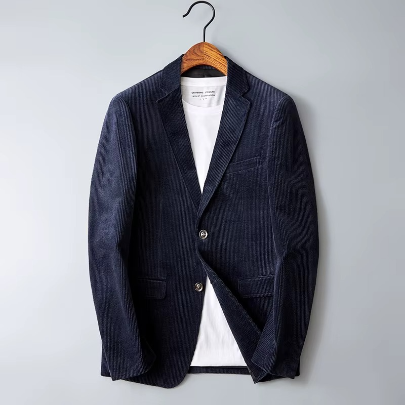 Men's Elegant Corduroy Coat Tailored Fit Notched Collar Button Closure Classic Style