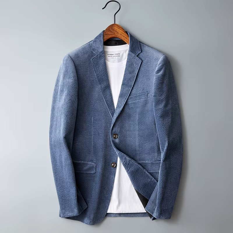 Men's Elegant Corduroy Coat Tailored Fit Notched Collar Button Closure Classic Style