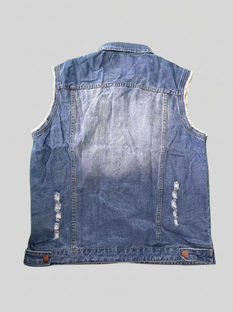 Men’s Distressed Denim Vest with Frayed Armholes