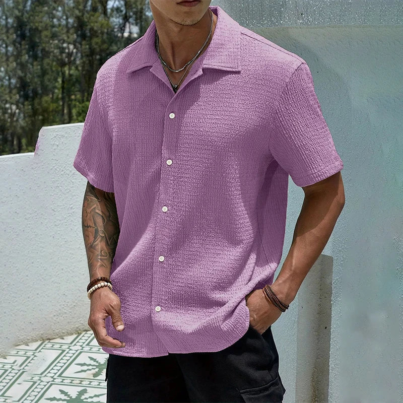 Men's Textured Casual Shirt | Cuban Collar with Front Button Placket