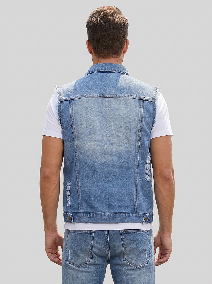 Men’s Distressed Denim Vest with Frayed Armholes