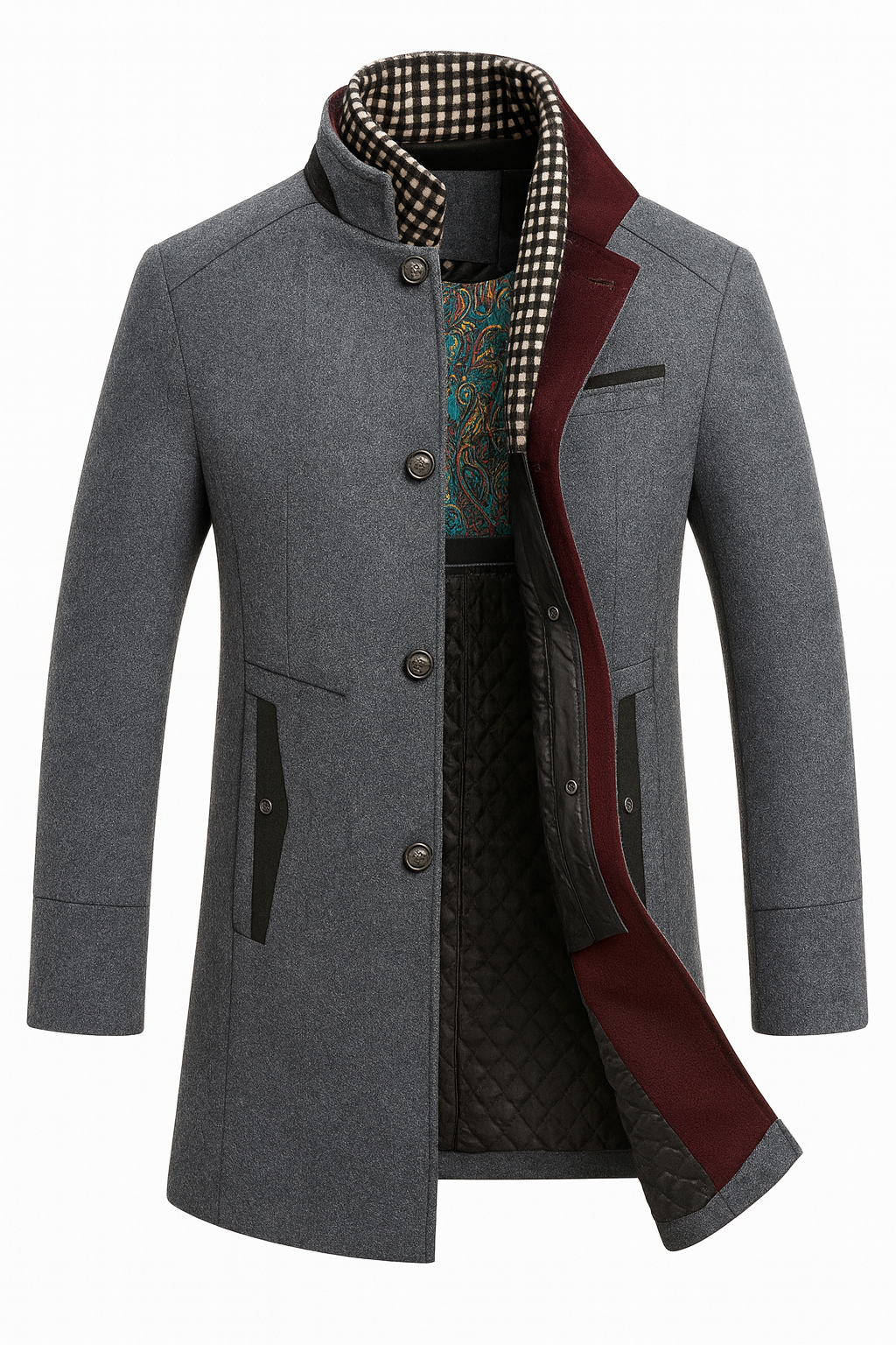 Men's Colorblock Overcoat Tailored Fit Long Sleeve Notched Collar Button-Up Winter Outerwear