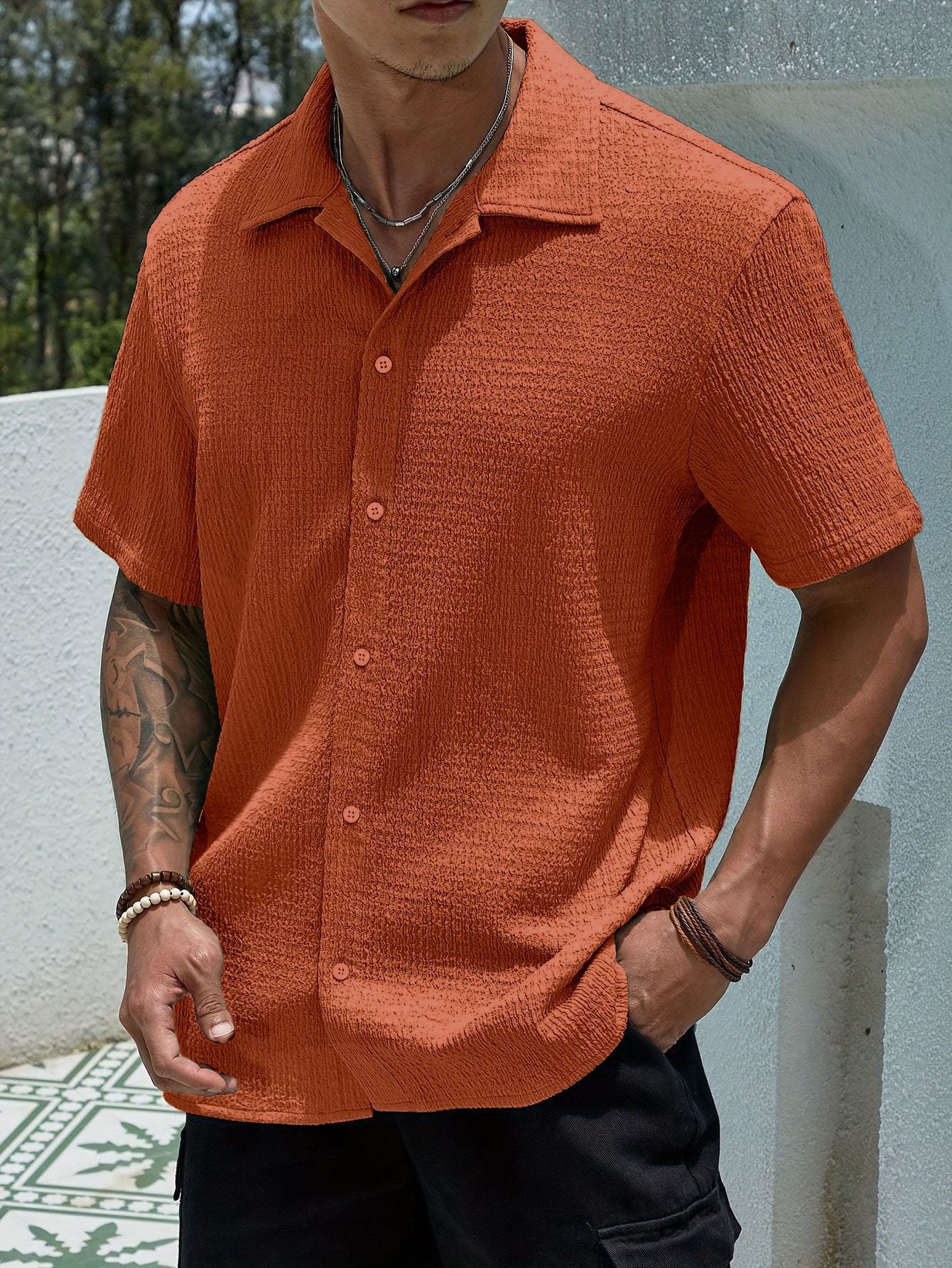 Men's Textured Casual Shirt | Cuban Collar with Front Button Placket