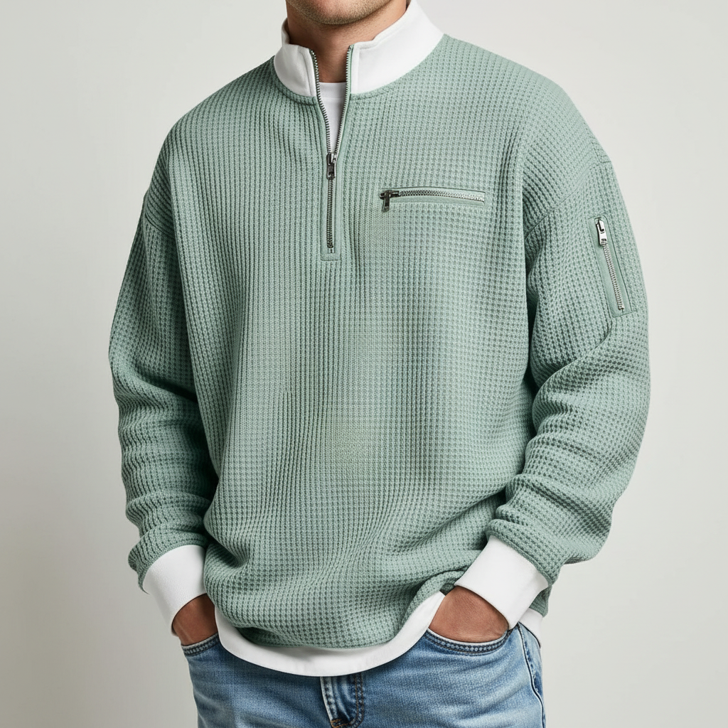 Men's Waffle Knit Sweater Relaxed Fit Long Sleeve Crew Neck Casual Everyday