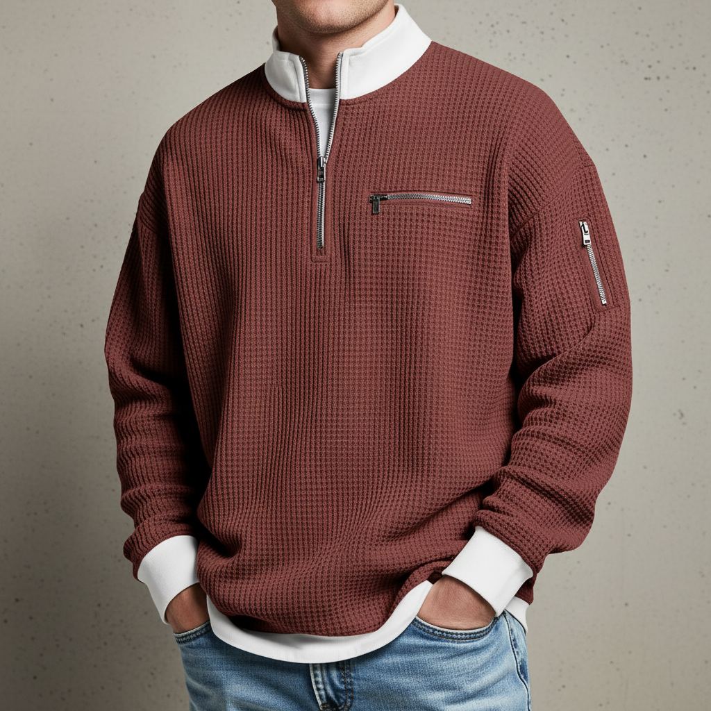 Men's Waffle Knit Sweater Relaxed Fit Long Sleeve Crew Neck Casual Everyday