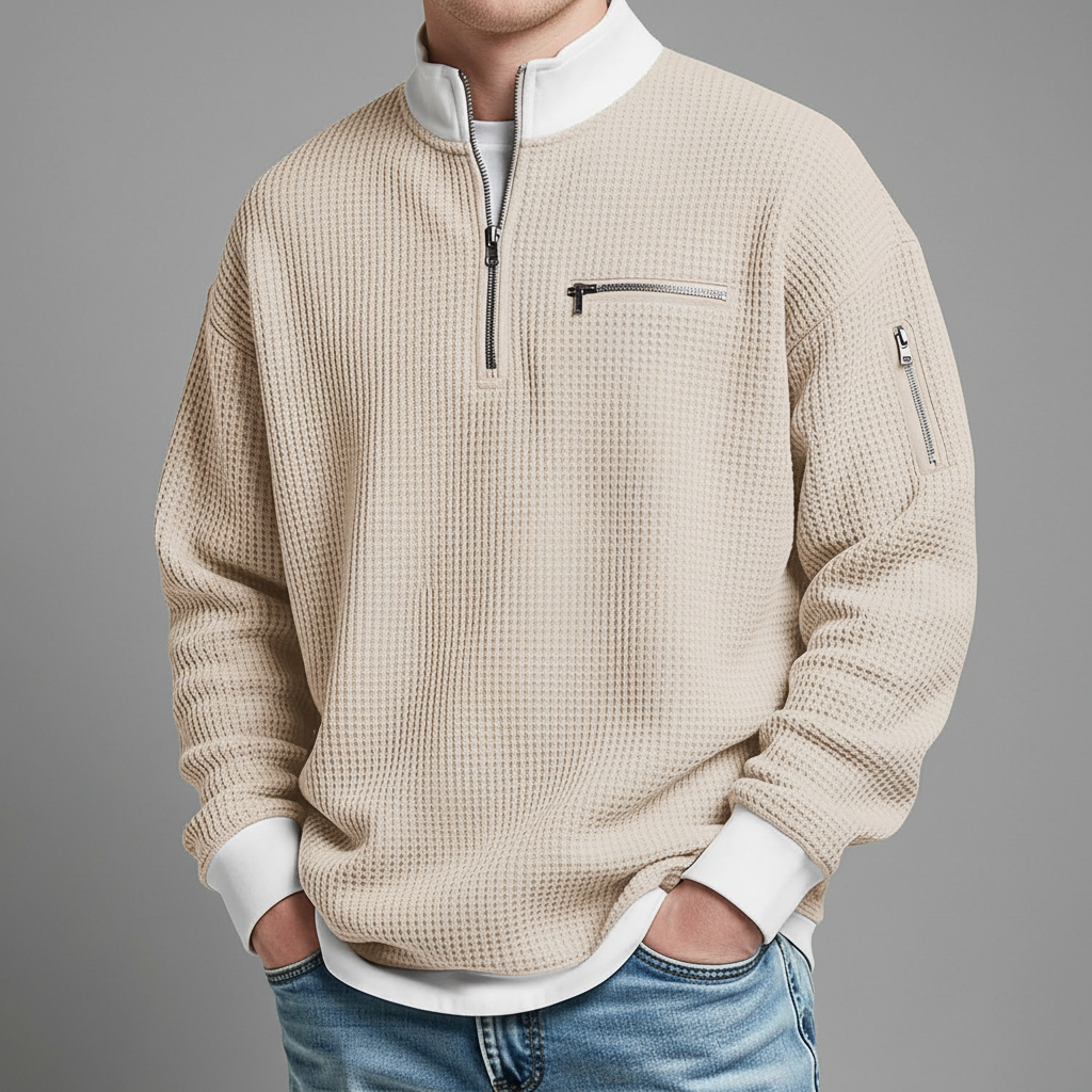 Men's Waffle Knit Sweater Relaxed Fit Long Sleeve Crew Neck Casual Everyday