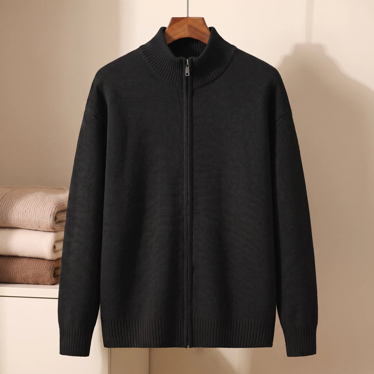 Men's Full Zip Sweater Casual Fit Long Sleeve Stand Collar Layering