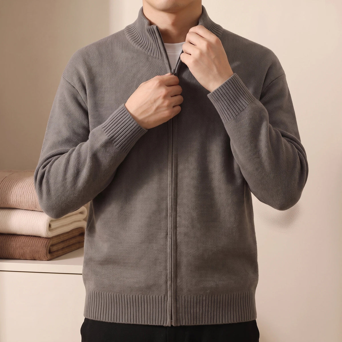 Men's Full Zip Sweater Casual Fit Long Sleeve Stand Collar Layering