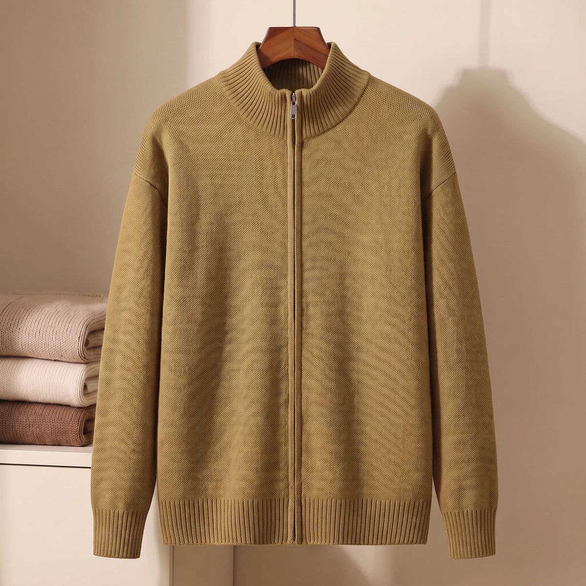 Men's Full Zip Sweater Casual Fit Long Sleeve Stand Collar Layering