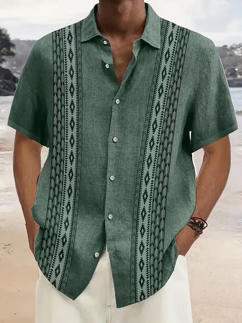 Men's Geometric Print Camp Shirt Short-Sleeve Button-Up Cuban Collar Casual Holiday Beach Everyday Zephyr