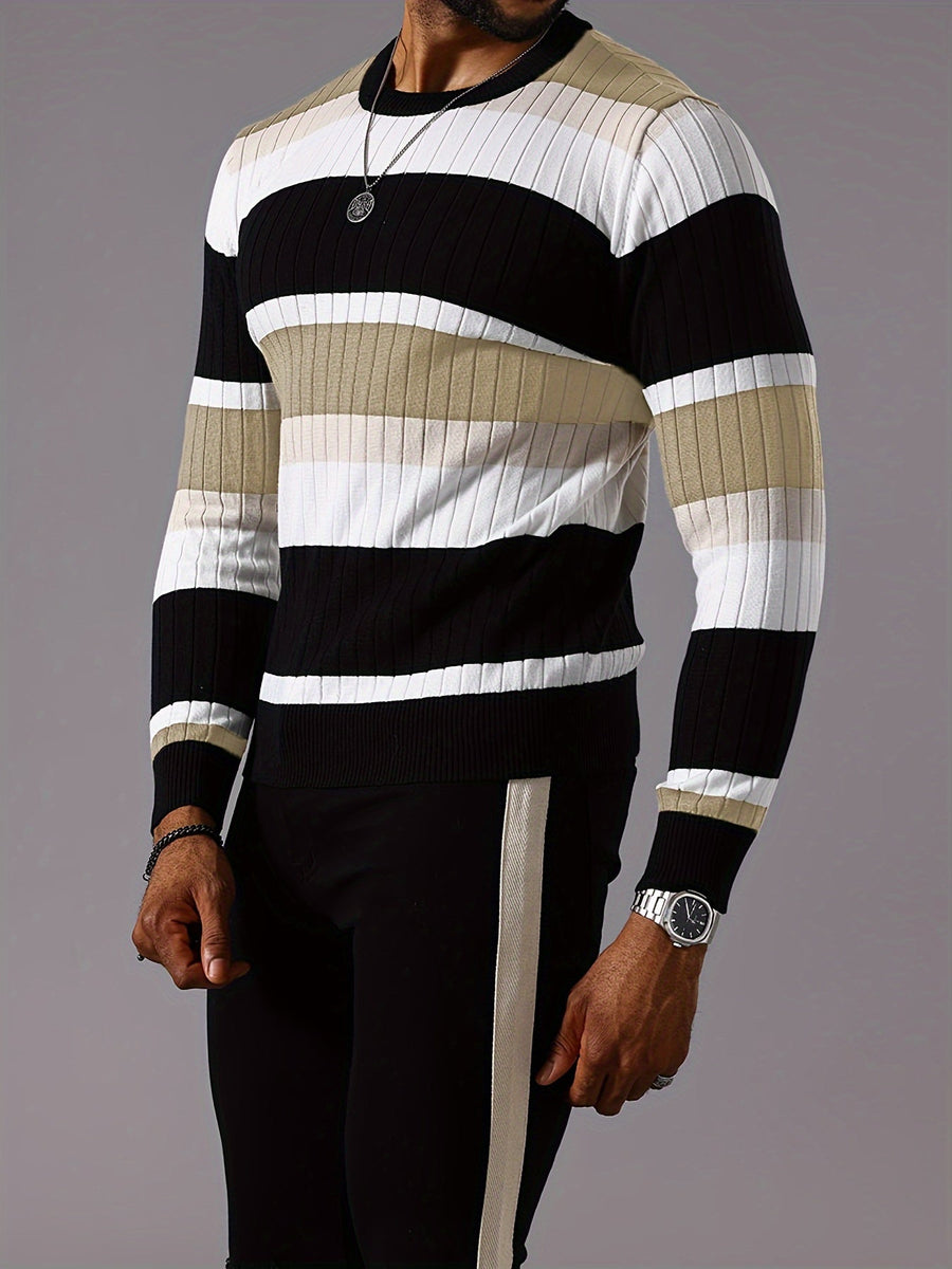 Men's Colorblock Rib-Knit Sweater Relaxed Fit Long Sleeve Casual Layering