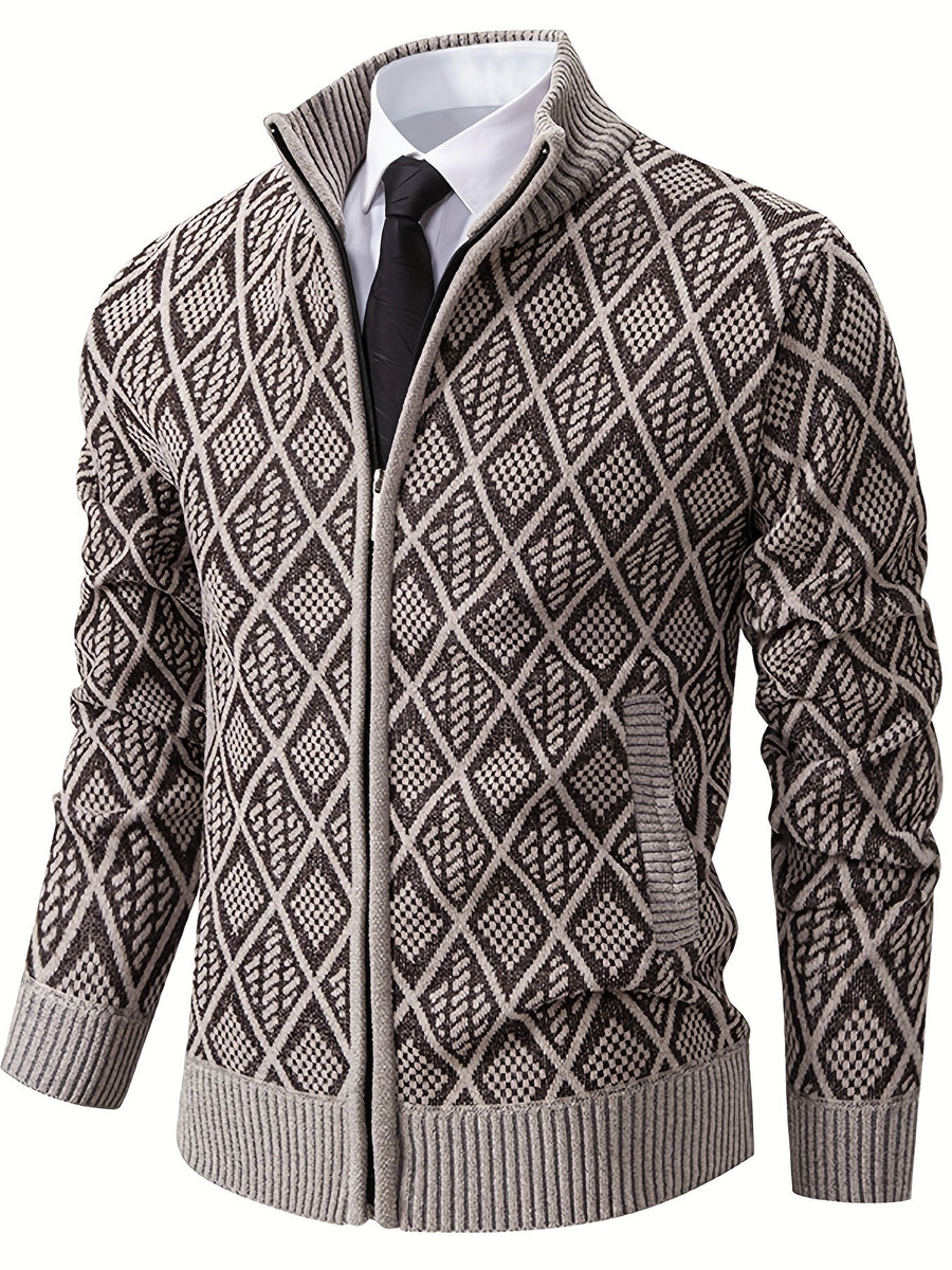 Men's Geometric Knit Cardigan Open Front Long Sleeve Casual Layering