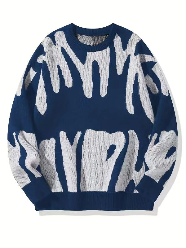 Men's Letter Knit Sweater Classic Fit Long Sleeve Crew Neck Casual Everyday